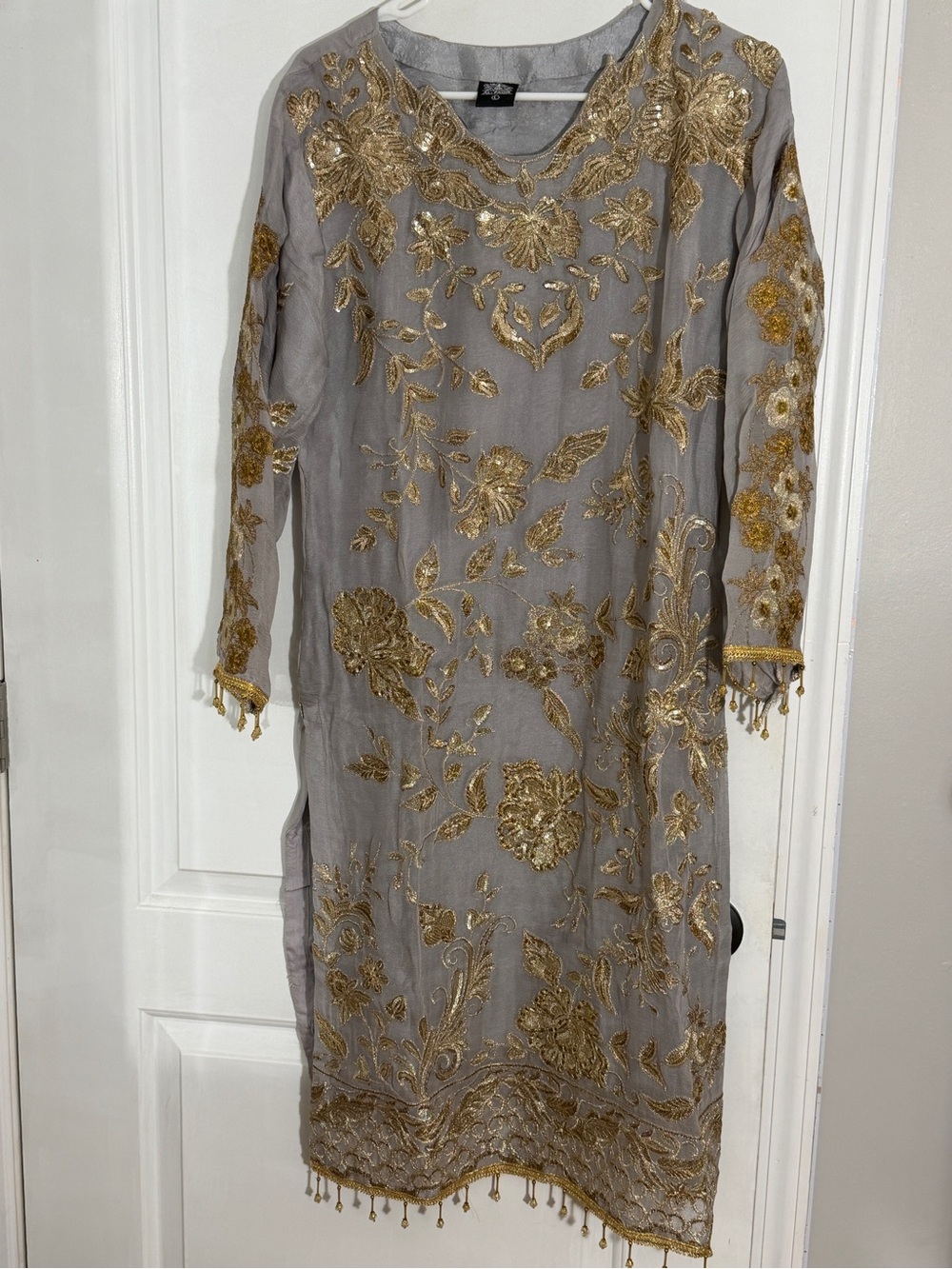 Grey Long Sleeve Salwar with Gold Embroidered Floral Detailing